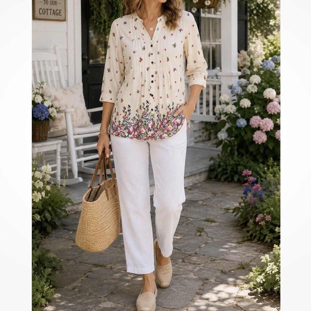 Vermont Country Store Floral Pintucked Cotton Shirt Size Large
